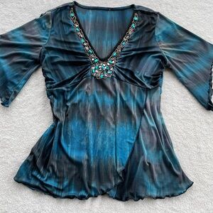 Vintage women's blue and black tie-dye top with a beaded neckline Size Pm